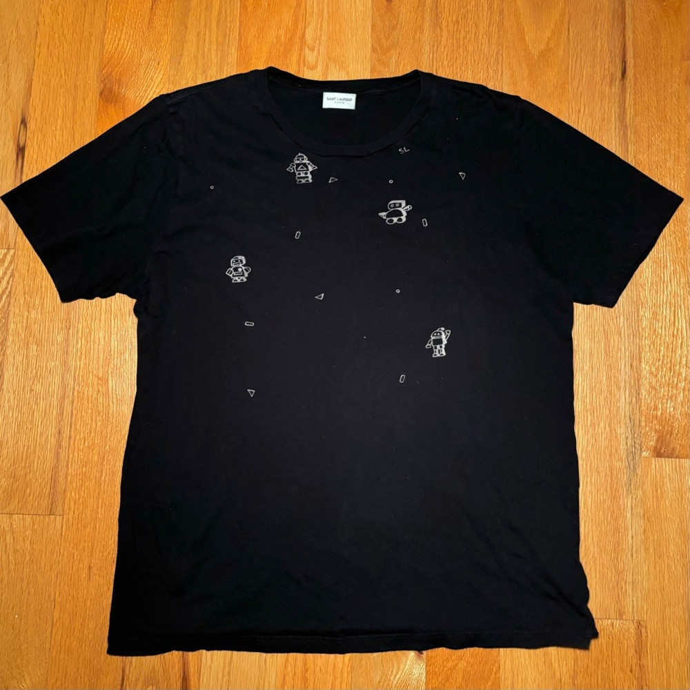 Black Graphic Crewneck T-Shirt with Minimal Robot Motif